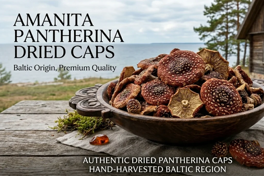 Wild Amanita pantherina cap with white warts on Baltic forest moss