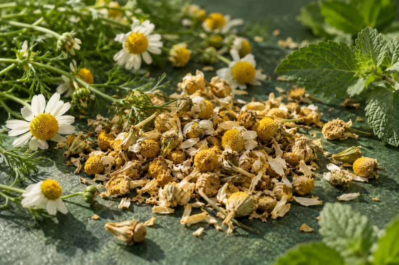 Chamomile flowers and botanical leaves